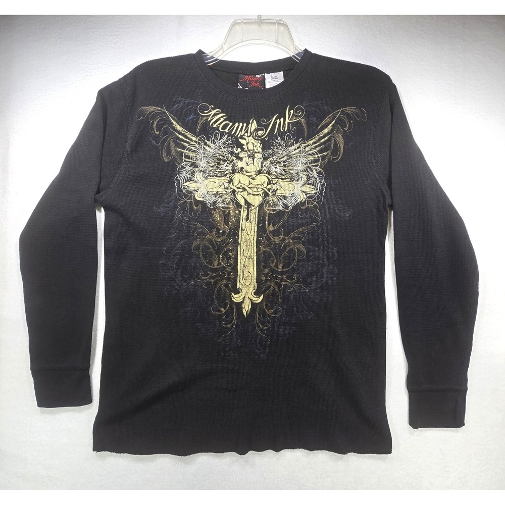 Y2L Miami Ink Mens XL Waffle Knit Thermal Long Sleeve Cross Wing Graphic Shirt